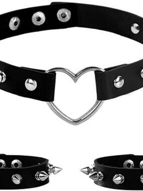 NEW 3 Pieces Leather Choker Collar & Bracelets w Heart & Spikes Set Punk Gothic